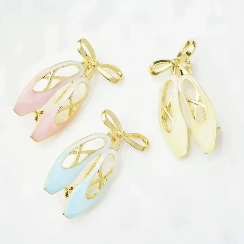 Charming Blue Ballet Slippers Gold Brooch